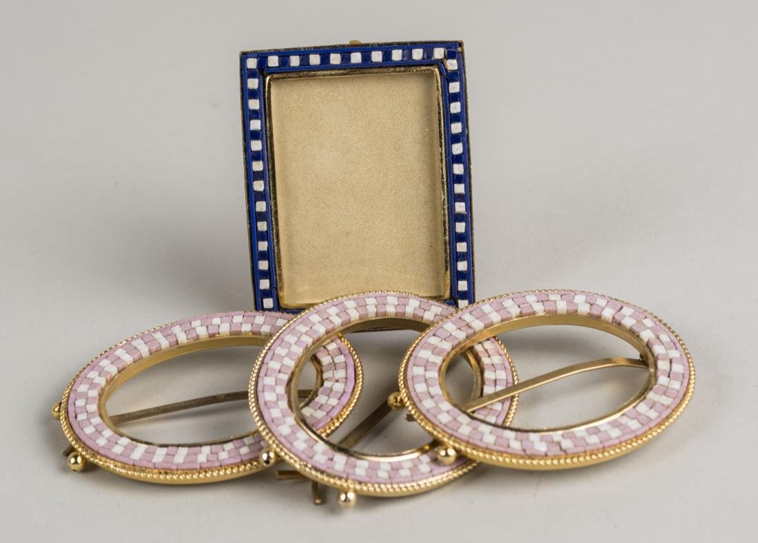 Four Micro Mosaic Miniature Picture Frames: Possibly Jay Strongwater, comprising three oval frames and a rectangular frame. Oval frames, height 2 1/2 x 2 1/8 inches. Notice to bidders: Condition reports and additional photographs are provided b