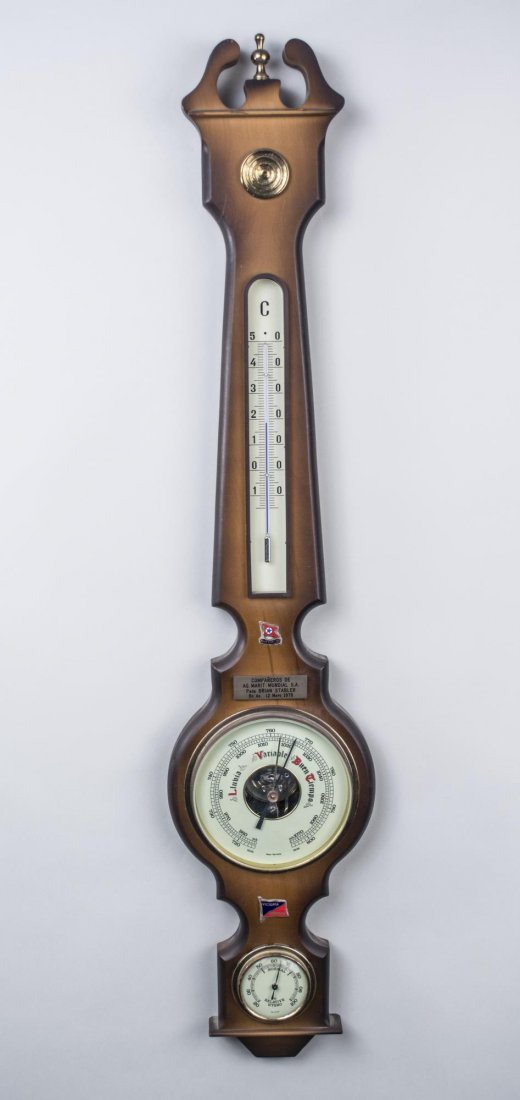 Banjo Style Barometer: Thermometer, hygrometer and dial barometer. Height 29 inches. Notice to bidders: Condition reports and additional photographs are provided by request as a courtesy to our clients, as such any conditio