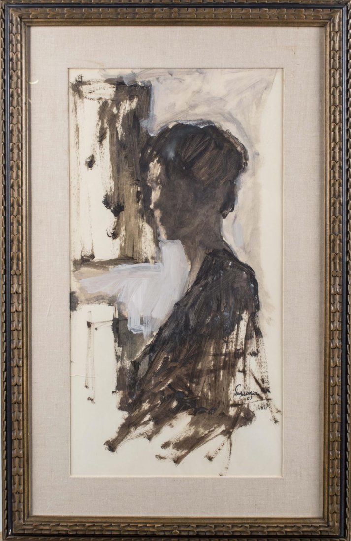 Richard Segalman (American, b. 1934): Abstract profile of a man. Mixed media on paper, 1965. Signed 'Segalman' and dated (LR). Frame size 32.2 x 21 inches, sight size 24 x 12.5 inches. Matted and framed. Notice to bidders: Condition repor
