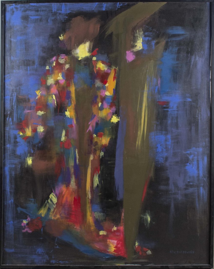 Jane Kleszczowski (American, 20th Century): Untitled (Fashionably abstracted man and woman). Oil on canvas. Signed (LR) and again on verso. Frame size 31 x 49 inches, canvas size 60 x 48 inches. Framed. Notice to bidders: Condition reports and 