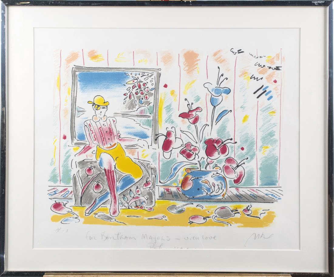 Peter Max (German/American, b. 1937): Zero and Flowers. Lithograph, 1978. Signed 'Max' (LR), inscribed 'AP' (LL), and 'For Bentham Mayer - with Love...' Frame size 25 x 30 inches, sight size 20 x 24 inches. Notice to bidders: Condition re