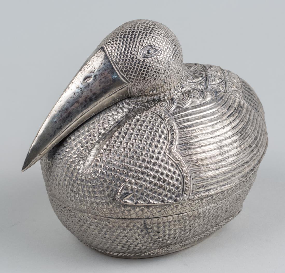 Silvered Metal Bird Box: Modelled as a nesting bird. Height 6 1/4 inches. Notice to bidders: Condition reports and additional photographs are provided by request as a courtesy to our clients, as such any condition report is o