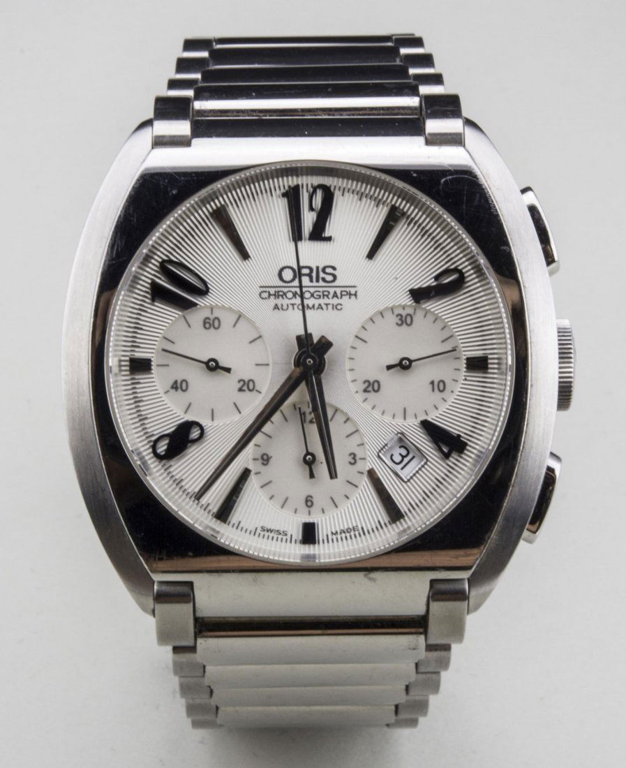 Oris Chronograph Automatic Watch: Frank Sinatra Limited Edition watch, stainless steel watch, guilloche enamel dial with Arabic and baton numerals and three subsidiary dials, date aperture, skeletonized back, no. 24 - 77602, stainless