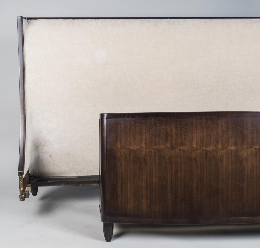 King Size Mahogany and Upholstered Bed: Ivory velour upholstery. Headboard 52 x 81 inches. Notice to bidders: Condition reports and additional photographs are provided by request as a courtesy to our clients, as such any condition report is