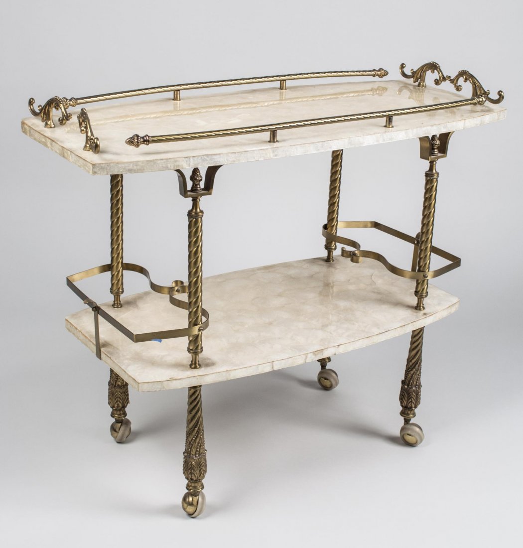 Capiz Shell Tea Cart *: Two tiers, tubular brass legs. Height 30 inches, width 37 inches, depth 16 inches. Notice to bidders: Condition reports and additional photographs are provided by request as a courtesy to our clients,