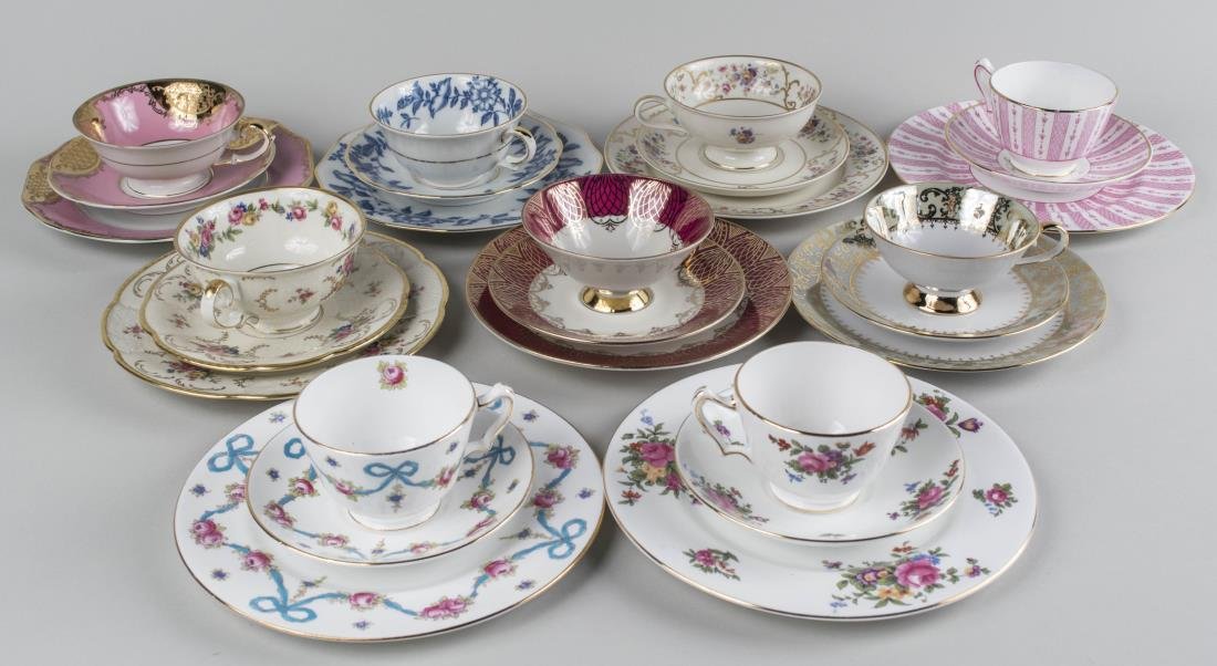 Group of Porcelain Collector's Cups and Saucers: Fifteen sets including a number of trios, various makers and patterns, English and Bavarian examples. Notice to bidders: Condition reports and additional photographs are provided by request as a court
