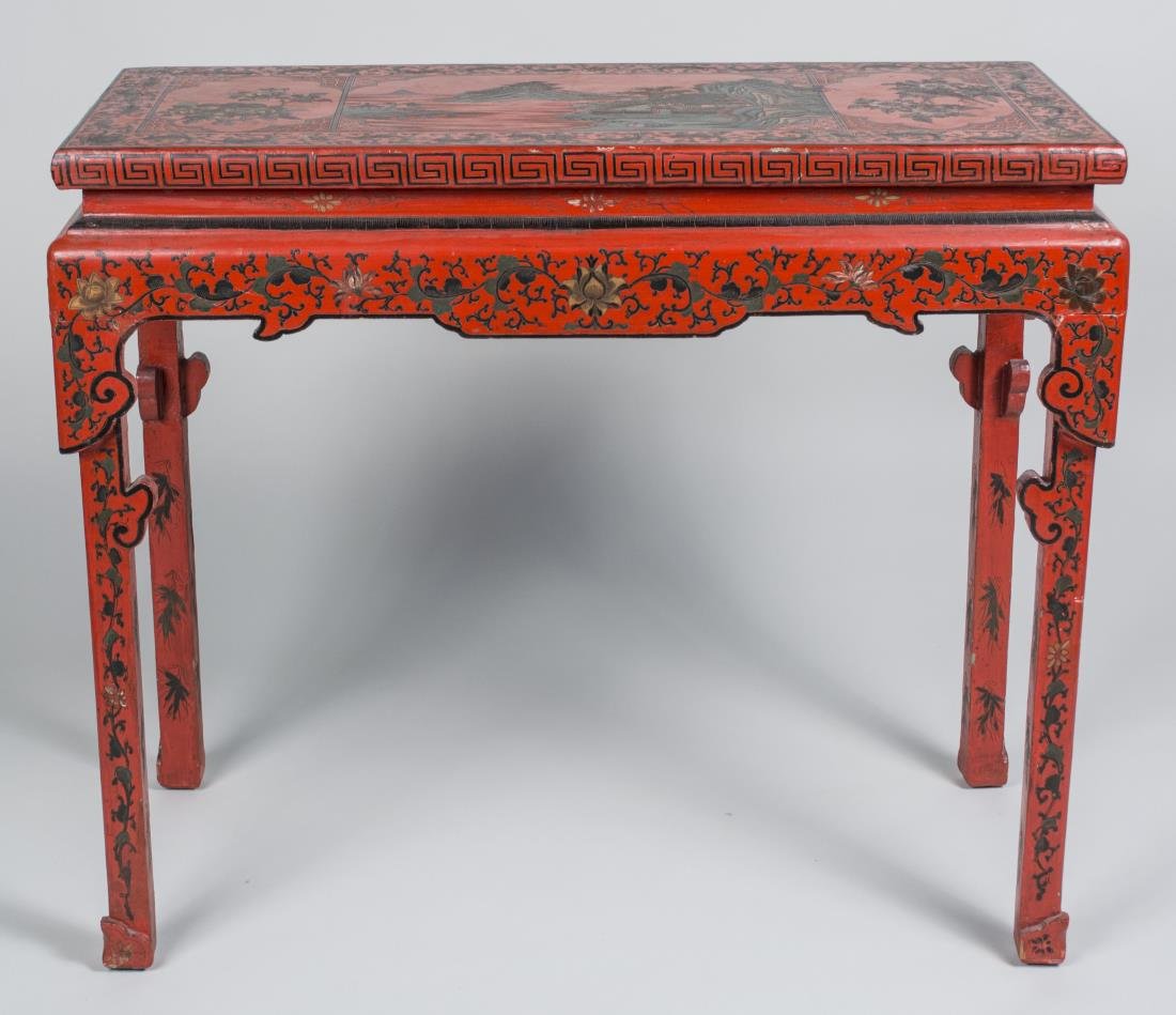 Asian Red Lacquered Altar Table: Rectangular top, square legs. Height 32 inches, width 37 inches, depth 17 inches. Notice to bidders: Condition reports and additional photographs are provided by request as a courtesy to our clients, 