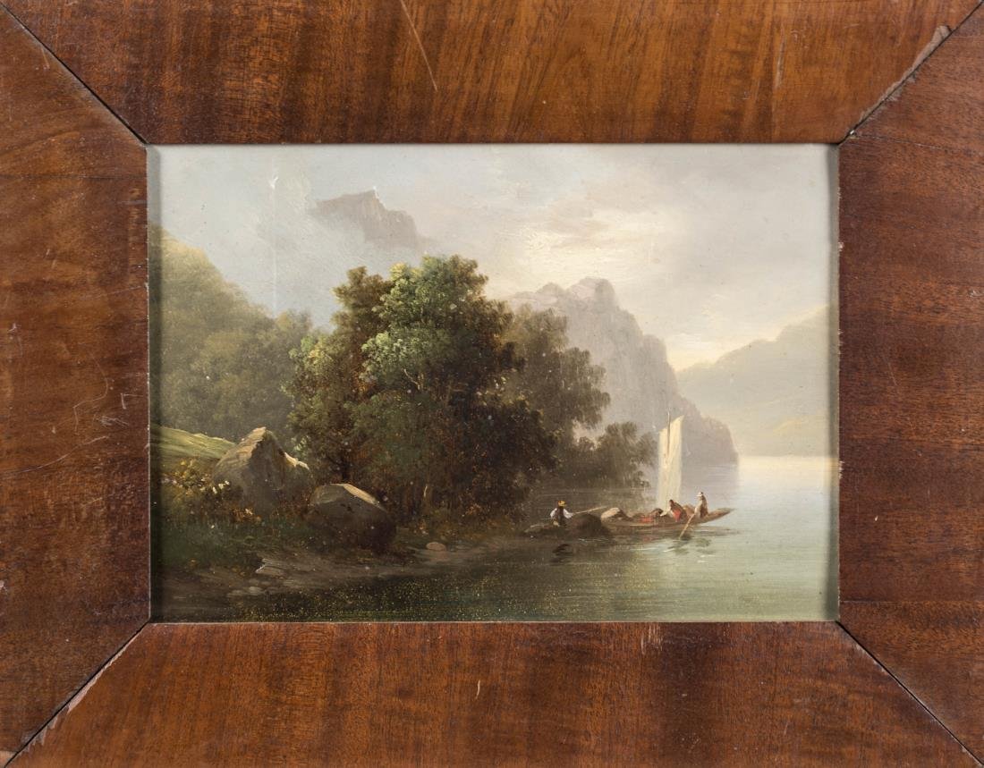Continental School (19th Century): Preparing to launch a boat on a river. Oil on board, 19th century. Unsigned. Art size 7.25 x 9.5 inches, frame size 10.25 x 13 inches. Framed. Notice to bidders: Condition reports and additional photo