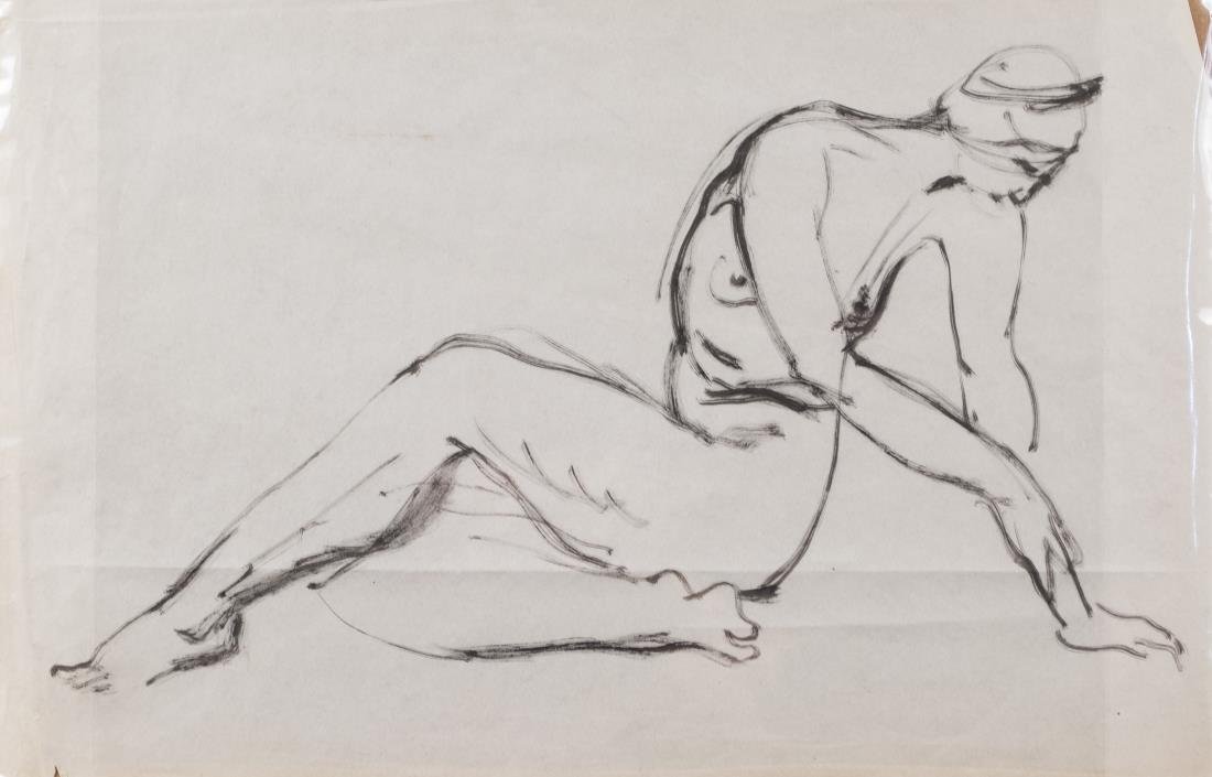Attr. to Wilhelm Lehmbruck (German, 1881-1919): Nude study. Ink on paper, 20th century. Unsigned. Sight size 11 x 17 inches. Notice to bidders: Condition reports and additional photographs are provided by request as a courtesy to our clients, as su