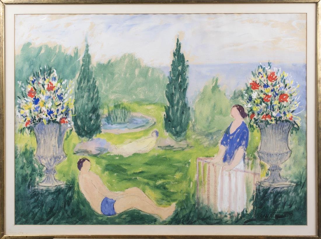 Abraham Walkowitz (Russian/American 1878 - 1965): Bathers in the garden. Watercolor on paper, 20th century. Signed (LR). Sight size 21.8 x 30 inches, frame size 25 x 33 inches. Matted and framed. Notice to bidders: Condition reports and additional ph