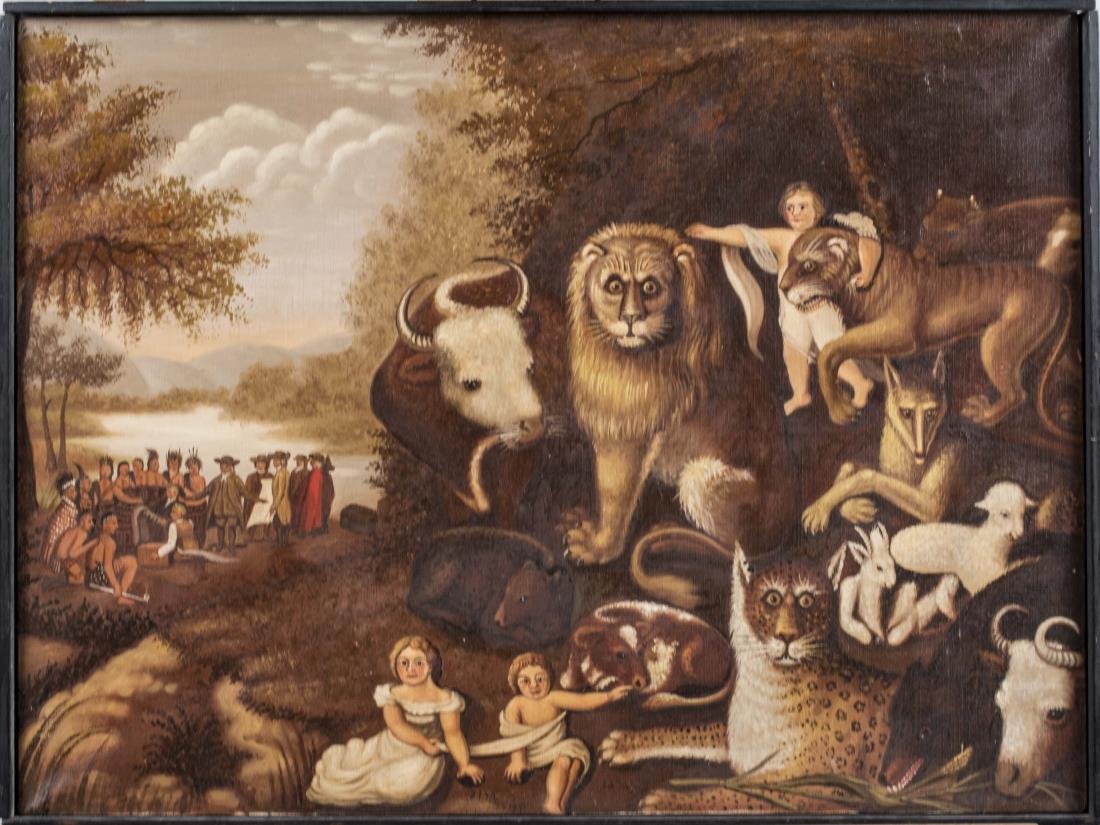 After Edward Hicks, The Peaceable Kingdom: Reproduction of The Peaceable Kingdom by Edward Hicks. Oil on canvas, 1968. Insribed on reverse ' Painted for N.H.S. 1968.' Canvas size 18.5 x 24 inches, frame size 19 x 24.5 inches. Framed. Notice to