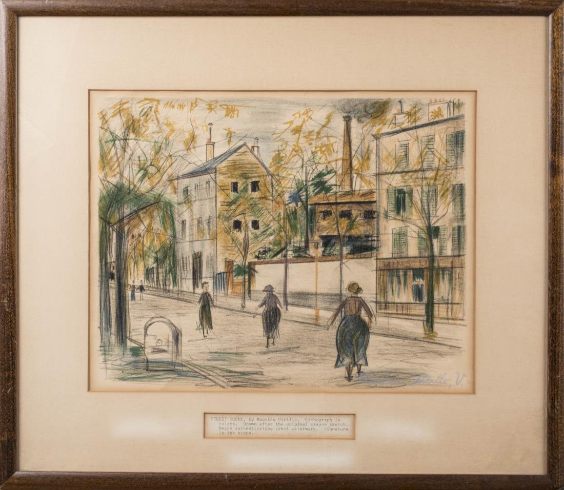 Maurice Utrillo (French, 1883-1955): Street Scene. Lithograph in colors. Signed in plate (LR). Sight size 11 x 14 inches. Matted and framed. Notice to bidders: Condition reports and additional photographs are provided by request as a cou