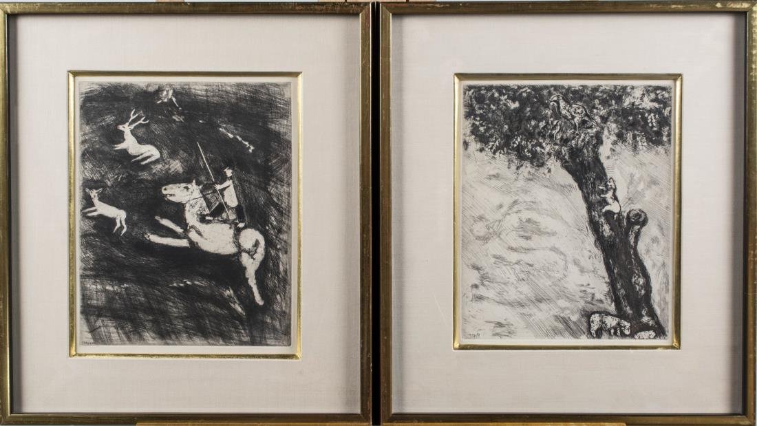 Pair of Chagall Fables de la Fontaine Etchings: Marc Chagall (Russian/French, 1887-1985). Two etchings from the Fables de la Fontaine Portfolio, 1952. Both signed in plate. Frame size 19 x 17 inches, sight size 12 x 9.5 inches. Both matted and fram