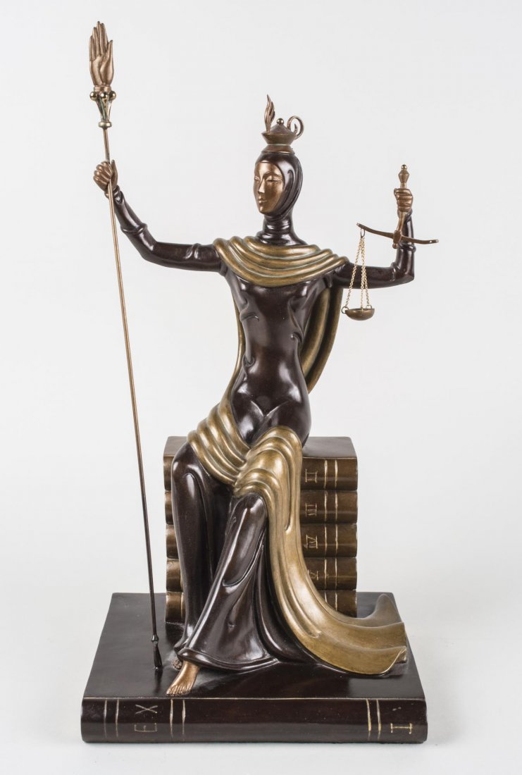 After Romain de Tirtoff, Erte (Russian,1892-1990): Justice. Bronze, 1984. Stamped 'Erte' and 'Fine Art Acquisitions, 1984.' Numbered 132/500. Height 20.5 inches. Notice to bidders: Condition reports and additional photographs are provided by request a