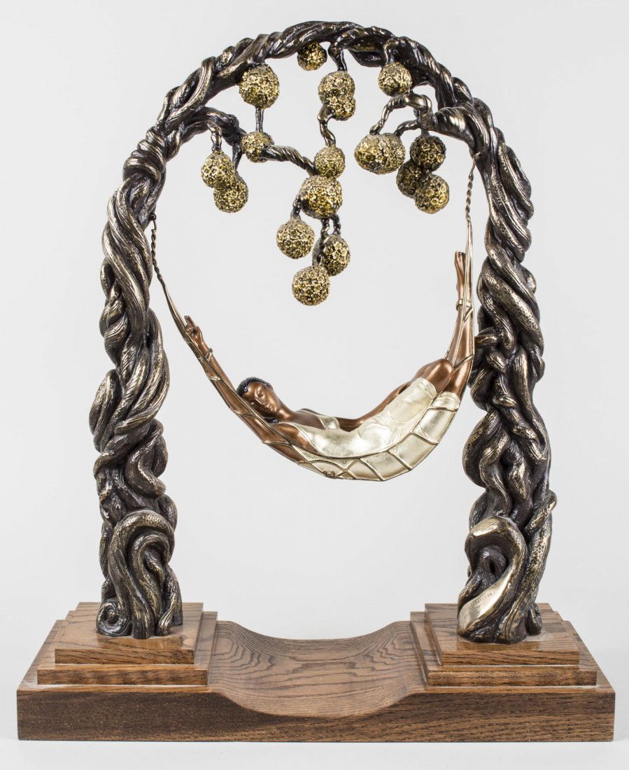 After Romain de Tirtoff, Erte (Russian,1892-1990): Spiders Web. Bronze, 1989. Stamped '1989, Chal & Vermilion and Sevenarts.' Numbered 95/375. Size 22.5 x 19 inches. Mounted on oak base. Notice to bidders: Condition reports and additional photographs