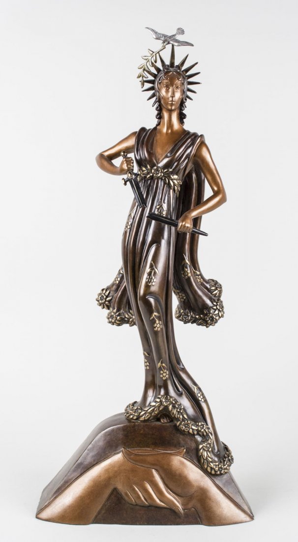 After Romain de Tirtoff, Erte (Russian,1892-1990): Peace. Bronze, 1984. Stamped 'Fine Art Acquisitions 1984.' Numbered 61/500. Height 26.5 inches. Notice to bidders: Condition reports and additional photographs are provided by request as a courtesy to