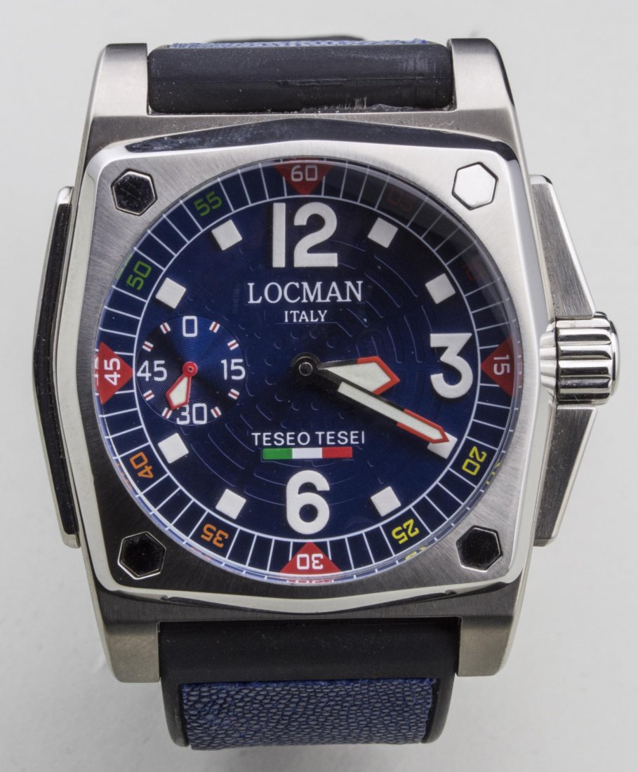 Locman Teseo Tese Watch: Metallic blue dial with Arabic quarter hours and subsidiary seconds dial, marked R. 190, no.00894, blue shagreen band. Notice to bidders: Condition reports and additional photographs are provided by r