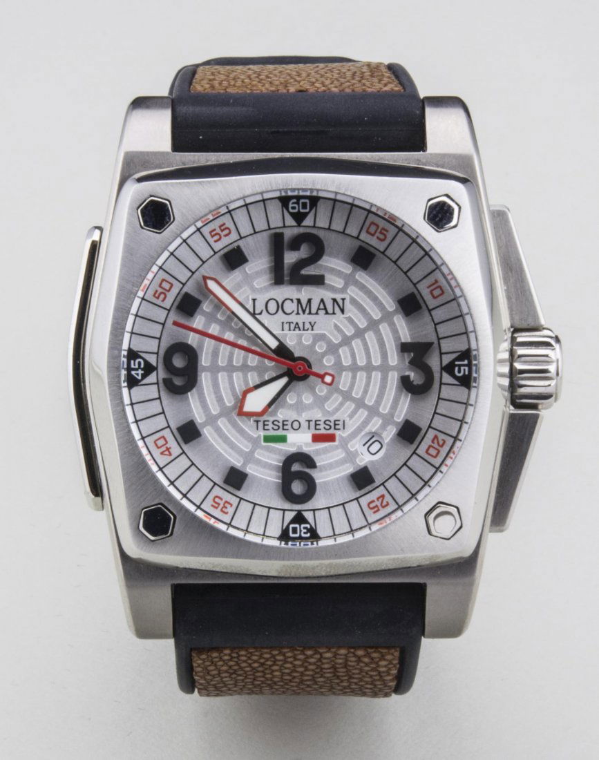 Man's Locman Teseo Tesei Watch: Titanium watch, dial with Arabic quarter hours and minutes and date aperture, no.00727, brown shagreen band. Notice to bidders: Condition reports and additional photographs are provided by request as
