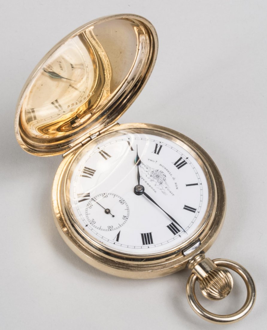 English Thos. Russell Hunt Case Pocket Watch: Enamel dial with Roman numerals, signed Thos. Russell & Son, Liverpool, Tempus Fugit, and subsidiary seconds dial, movement #25212, signed, gold filled case signed Illinois Watch Case Co., Elgin, USA,