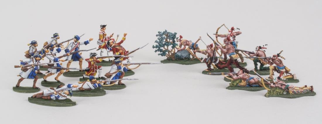 Group of Semi Flat Lead Soldiers: Commissioned studio quality painted decoration, possibly for a museum diorama, comprising both soldiers and Native Americans. Notice to bidders: Condition reports and additional photographs are provid