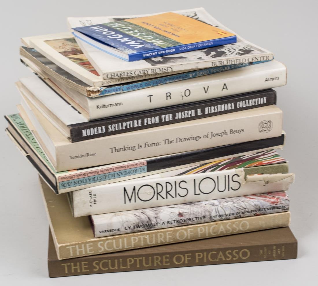 Miscellaneous Group of Art Books: Twelve volumes, with subjects including Picasso, Trova, Beuys, Morris Louis, Cy Twombly, etc. Notice to bidders: Condition reports and additional photographs are provided by request as a courtesy to o