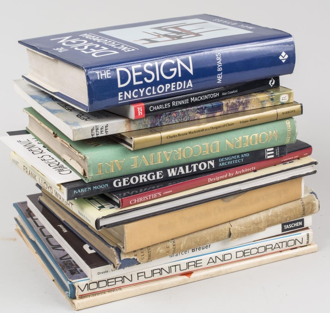 Group of Modern Furniture and Design Books: Fourteen volumes, various subjects including Frank Lloyd Wright, Charles Rennie McIntosh, Marcel Breuer, etc. Notice to bidders: Condition reports and additional photographs are provided by request as