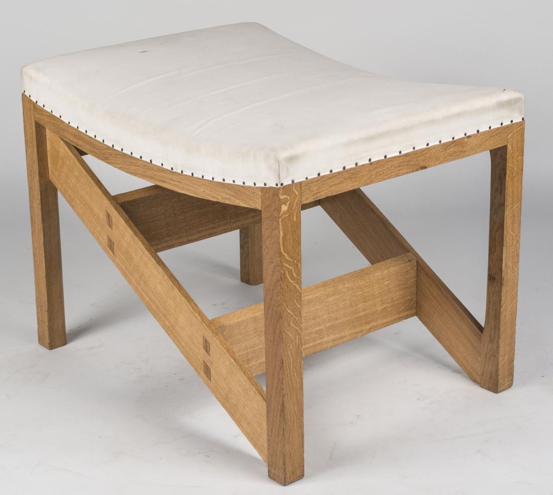 Oak Metamorphic Bench: Rectangular incurved seat on three step ladder base. Height 21 inches, width 27 inches, depth 20 inches. Notice to bidders: Condition reports and additional photographs are provided by request as a co