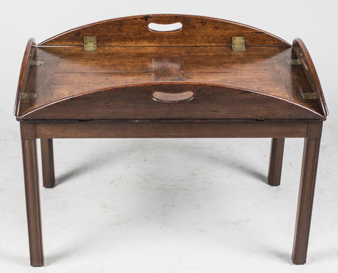 Butler's Tray Coffee Table: Open. Height 18 inches, width 33 inches, depth 25 inches. Notice to bidders: Condition reports and additional photographs are provided by request as a courtesy to our clients, as such any condition re