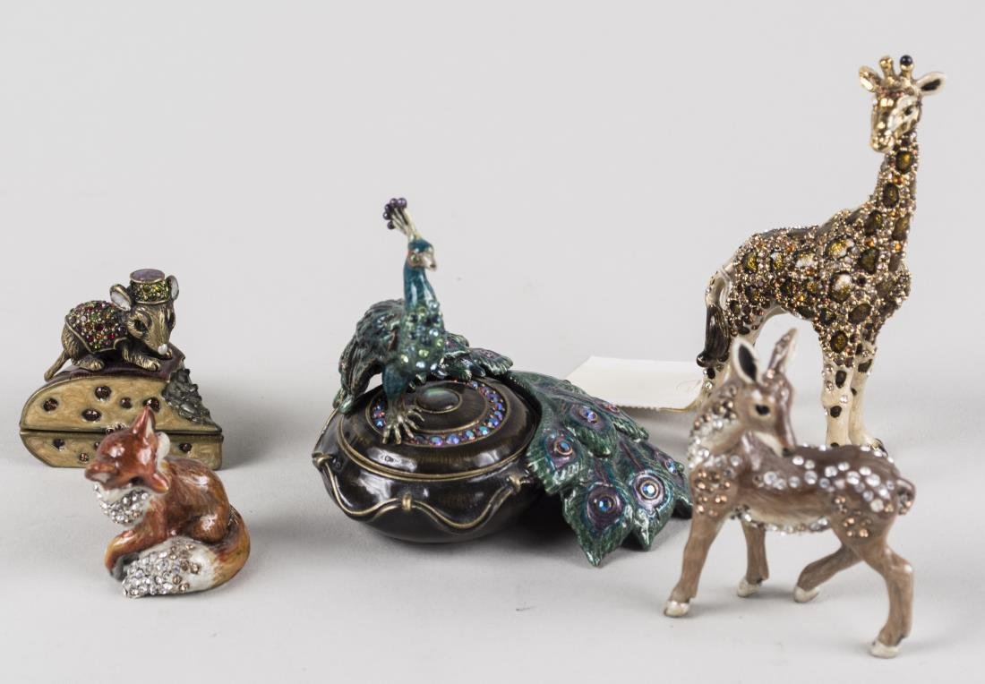 Group of Jay Strongwater Animals: Giraffe, fawn, squirrel, mouse and peacock box. Giraffe height 3 3/4 inches. Notice to bidders: Condition reports and additional photographs are provided by request as a courtesy to our clients, as su