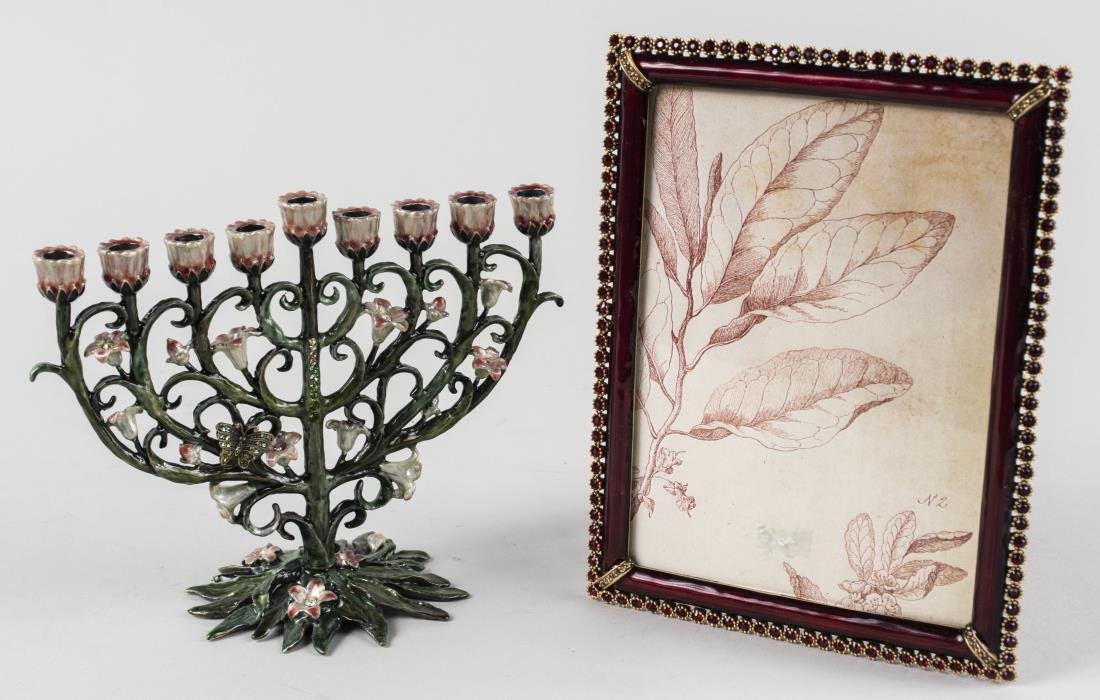 Jay Strongwater Picture Frame: Rectangular picture frame.NOTE: Menorah has been removed from this lot. Notice to bidders: Condition reports and additional photographs are provided by request as a courtesy to our clients, as such an