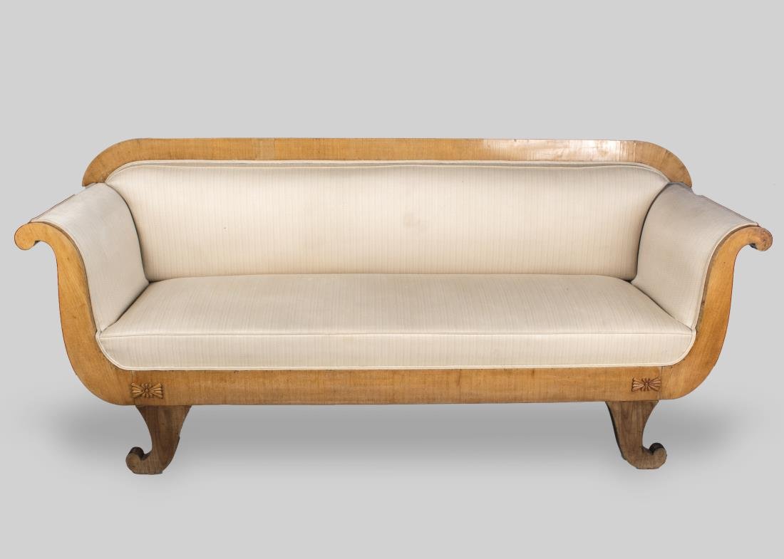 Biedermeier Burl Wood Sofa *: Rectangular back, outscrolled arms and scrolled legs, off white upholstery. Height 35 inches, width 93 inches, depth 27 inches. Notice to bidders: Condition reports and additional photographs are prov