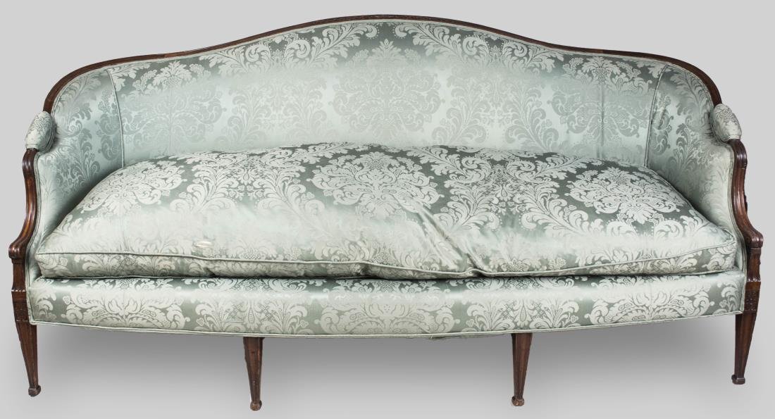 Federal Style Mahogany Settee: Arched crest rail, padded arms, tapered legs, light blue damask upholstery. Height 36 inches, width 6 feet 6 inches, depth 35 inches. Notice to bidders: Condition reports and additional photographs ar