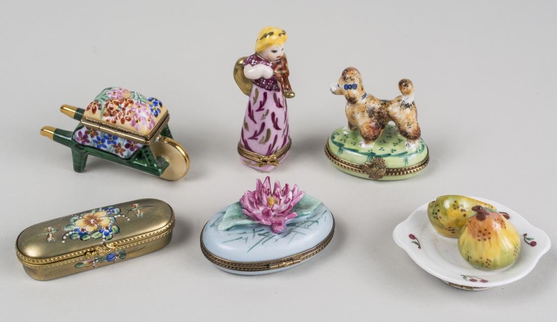 Group of Six Limoges Porcelain Trinket Boxes: Various styles and sizes. Notice to bidders: Condition reports and additional photographs are provided by request as a courtesy to our clients, as such any condition report is only an opinion and shou