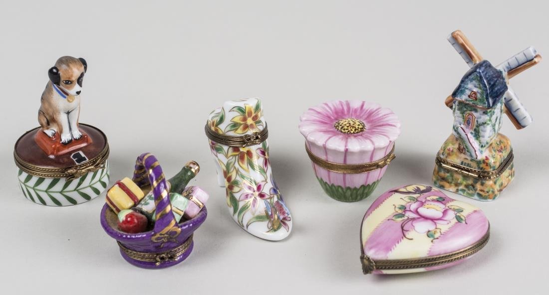 Group of Six Limoges Porcelain Trinket Boxes: Various styles and sizes. Notice to bidders: Condition reports and additional photographs are provided by request as a courtesy to our clients, as such any condition report is only an opinion and shou