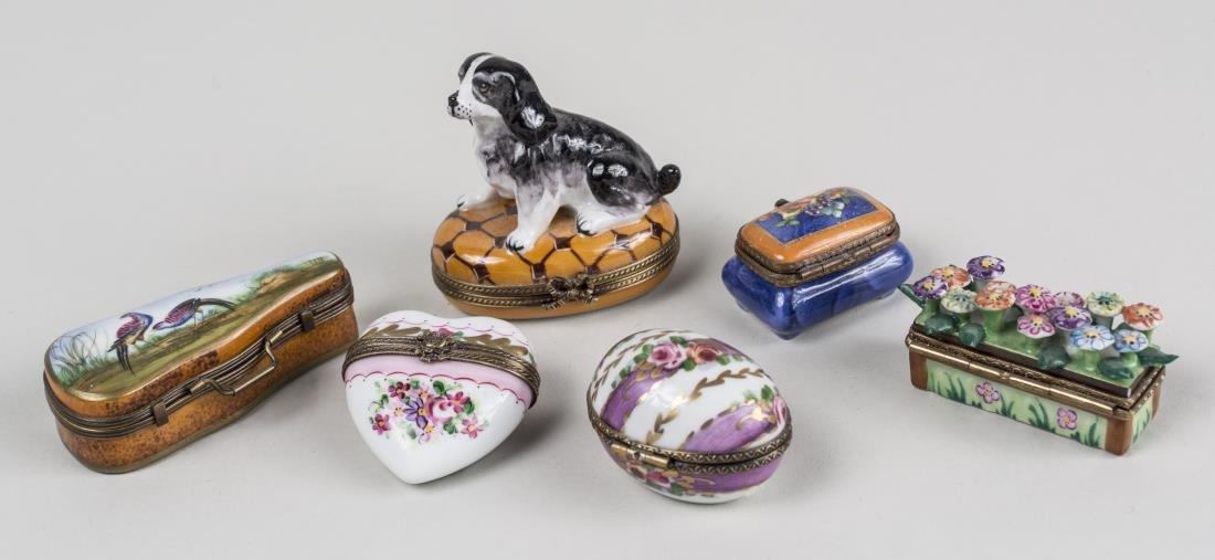 Group of Six Limoges Porcelain Trinket Boxes: Various styles and sizes. Notice to bidders: Condition reports and additional photographs are provided by request as a courtesy to our clients, as such any condition report is only an opinion and shou