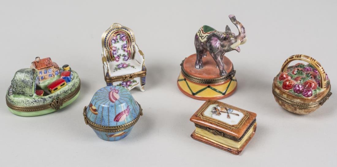 Group of Six Limoges Porcelain Trinket Boxes: Various styles and sizes. Notice to bidders: Condition reports and additional photographs are provided by request as a courtesy to our clients, as such any condition report is only an opinion and shou