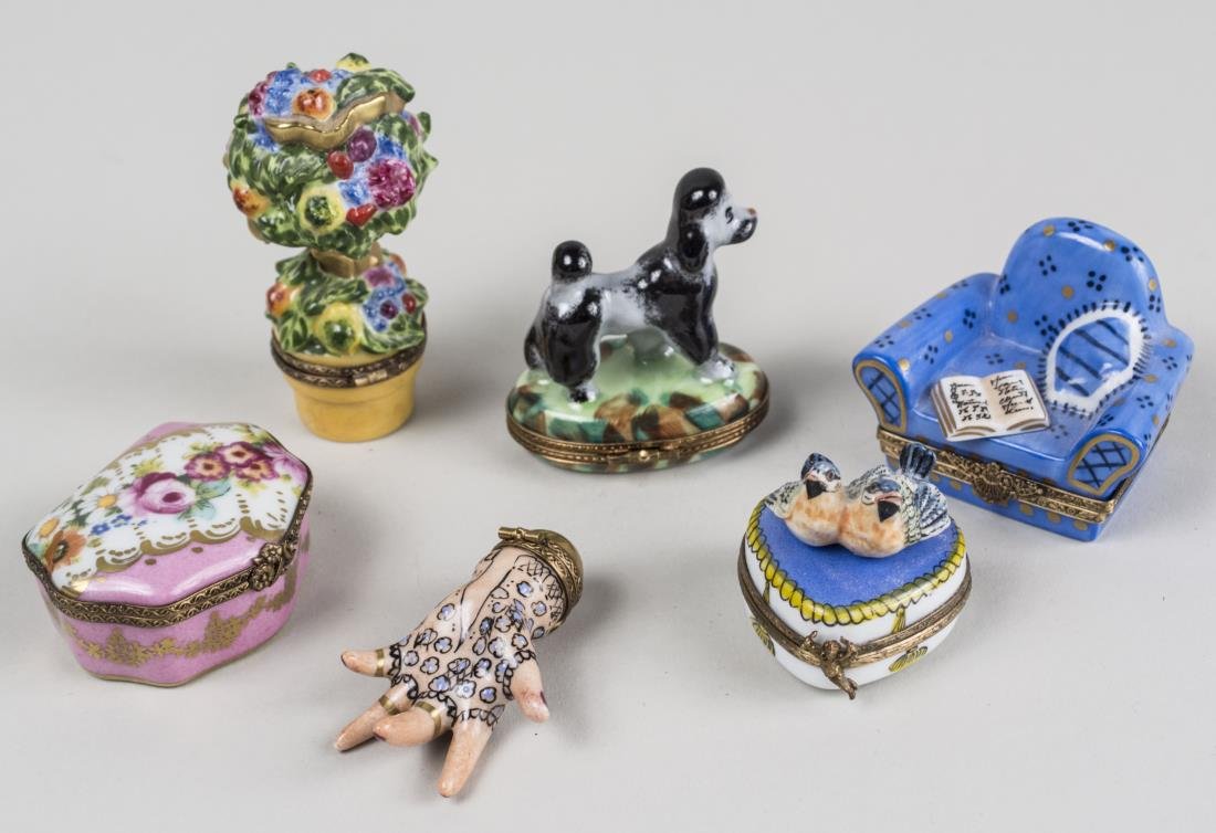 Group of Six Limoges Porcelain Trinket Boxes: Various styles and sizes. Notice to bidders: Condition reports and additional photographs are provided by request as a courtesy to our clients, as such any condition report is only an opinion and shou