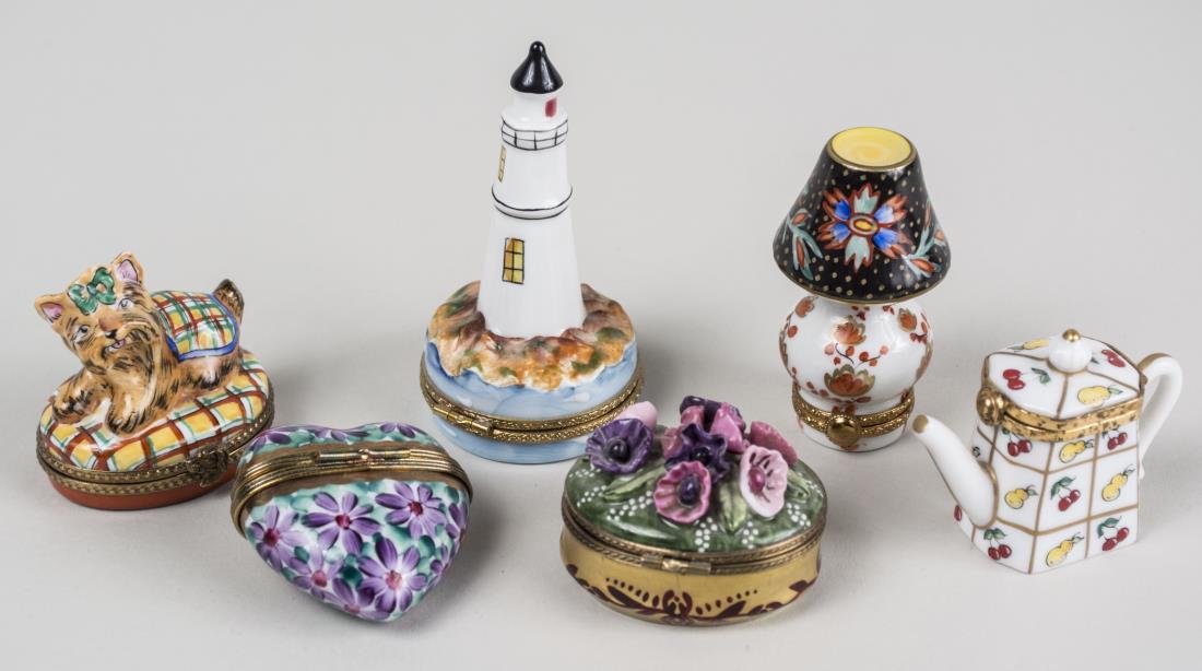Group of Six Limoges Porcelain Trinket Boxes: Various styles and sizes. Notice to bidders: Condition reports and additional photographs are provided by request as a courtesy to our clients, as such any condition report is only an opinion and shou