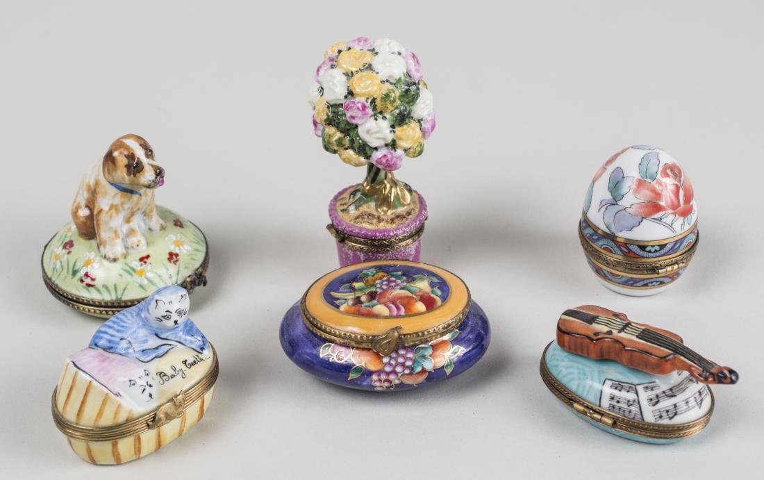 Group of Six Limoges Porcelain Trinket Boxes: Various styles and sizes. Notice to bidders: Condition reports and additional photographs are provided by request as a courtesy to our clients, as such any condition report is only an opinion and shou