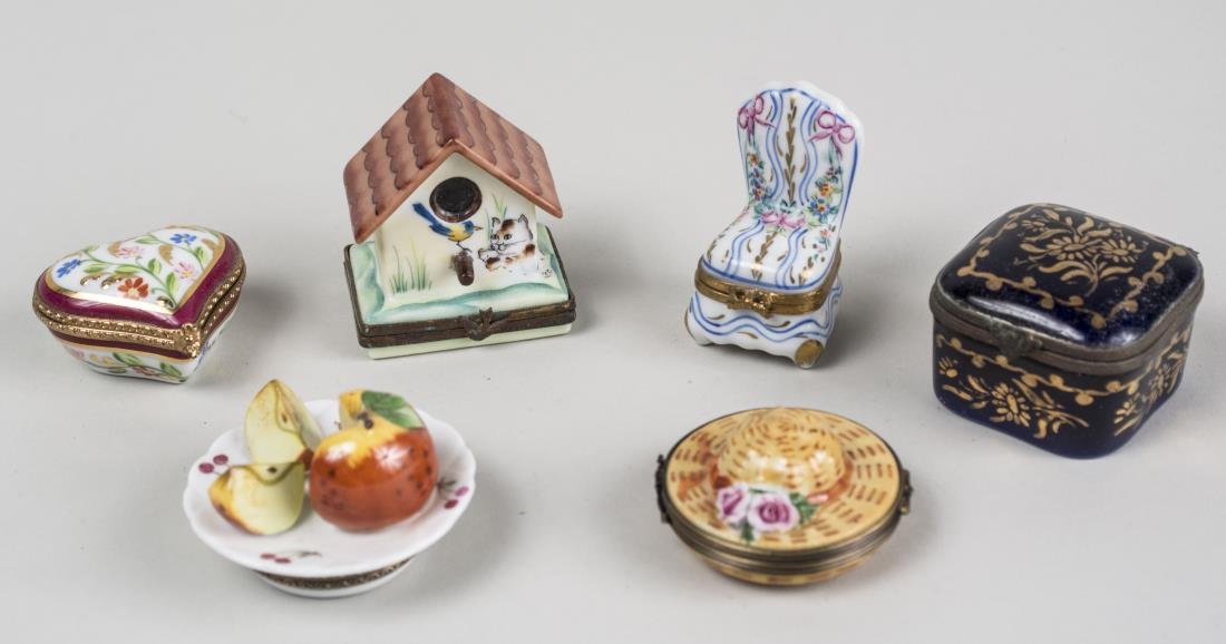 Group of Six Limoges Porcelain Trinket Boxes: Various styles and sizes. Notice to bidders: Condition reports and additional photographs are provided by request as a courtesy to our clients, as such any condition report is only an opinion and shou