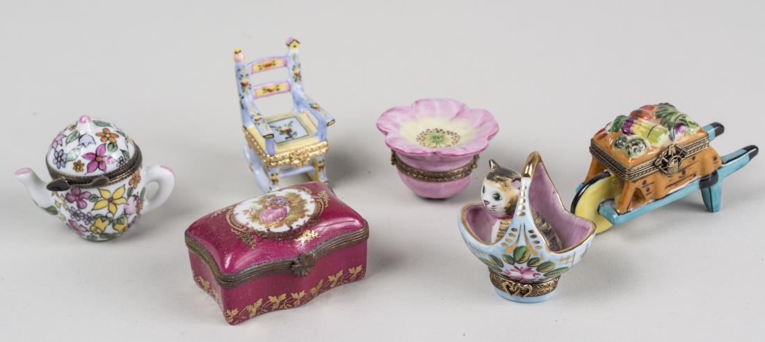 Group of Six Limoges Porcelain Trinket Boxes: Various styles and sizes. Notice to bidders: Condition reports and additional photographs are provided by request as a courtesy to our clients, as such any condition report is only an opinion and shou