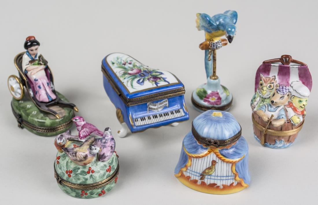 Group of Six Limoges Porcelain Trinket Boxes: Various styles and sizes. Notice to bidders: Condition reports and additional photographs are provided by request as a courtesy to our clients, as such any condition report is only an opinion and shou