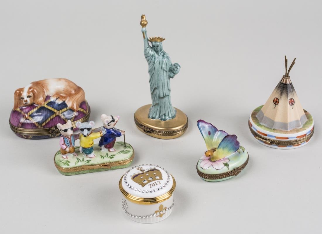 Group of Six Limoges Porcelain Trinket Boxes: Various styles and sizes. Notice to bidders: Condition reports and additional photographs are provided by request as a courtesy to our clients, as such any condition report is only an opinion and shou