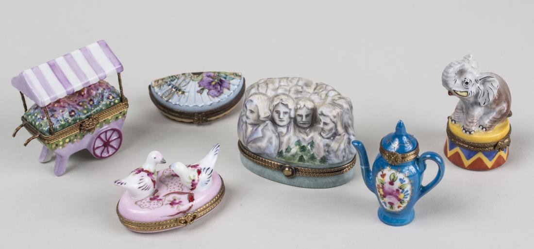 Group of Six Limoges Porcelain Trinket Boxes: Various styles and sizes. Notice to bidders: Condition reports and additional photographs are provided by request as a courtesy to our clients, as such any condition report is only an opinion and shou