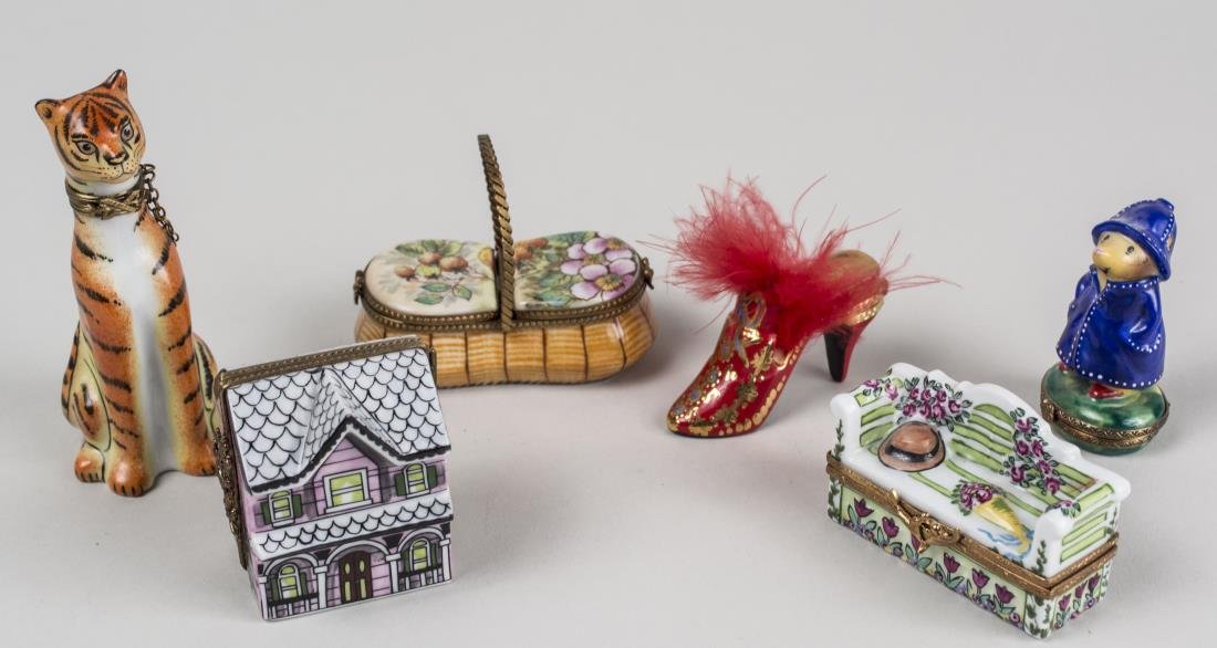 Group of Six Limoges Porcelain Trinket Boxes: Various styles and sizes. Notice to bidders: Condition reports and additional photographs are provided by request as a courtesy to our clients, as such any condition report is only an opinion and shou