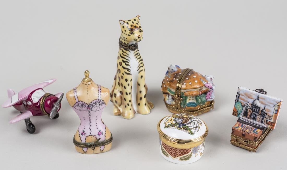 Group of Six Limoges Porcelain Trinket Boxes: Various styles and sizes. Notice to bidders: Condition reports and additional photographs are provided by request as a courtesy to our clients, as such any condition report is only an opinion and shou