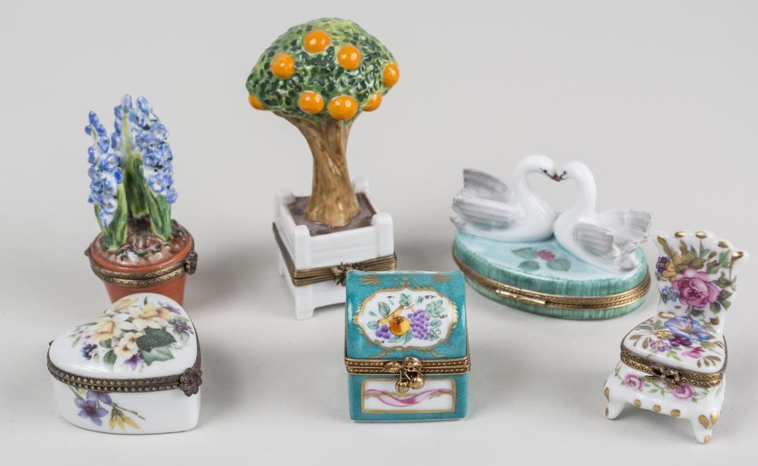 Group of Six Limoges Porcelain Trinket Boxes: Various styles and sizes. Notice to bidders: Condition reports and additional photographs are provided by request as a courtesy to our clients, as such any condition report is only an opinion and shou