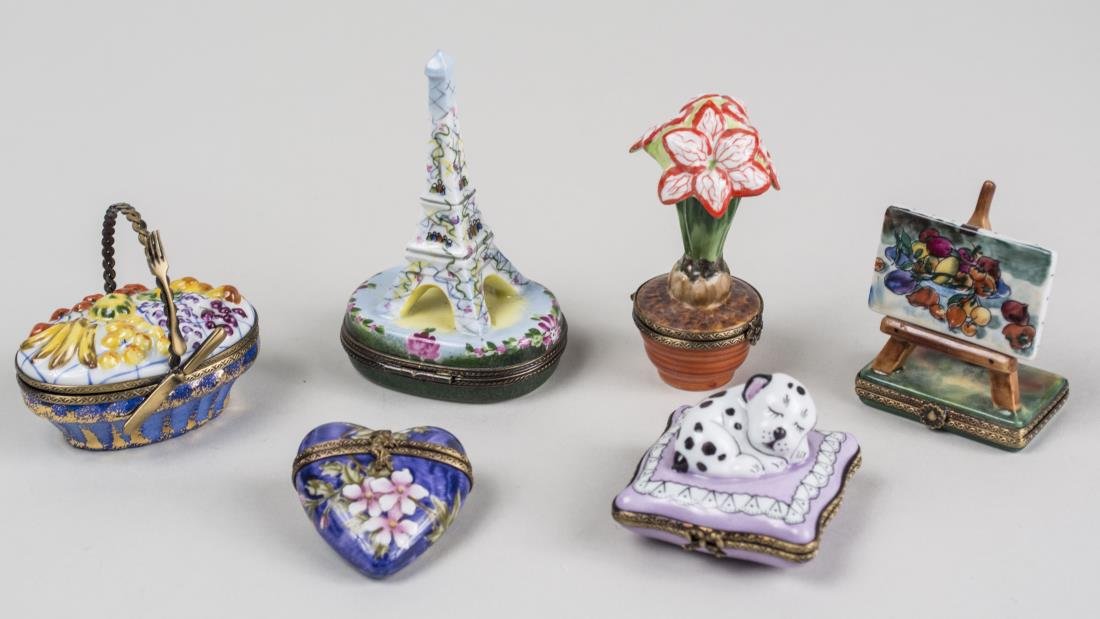Group of Six Limoges Porcelain Trinket Boxes: Various styles and sizes. Notice to bidders: Condition reports and additional photographs are provided by request as a courtesy to our clients, as such any condition report is only an opinion and shou