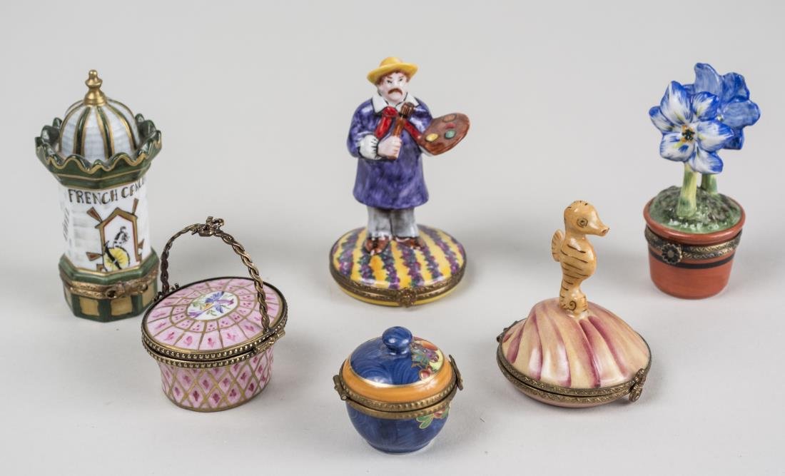Group of Six Limoges Porcelain Trinket Boxes: Various styles and sizes. Notice to bidders: Condition reports and additional photographs are provided by request as a courtesy to our clients, as such any condition report is only an opinion and shou