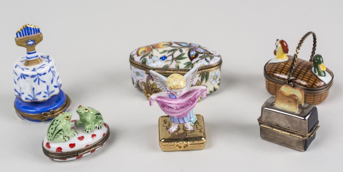 Five Limoges Porcelain Trinket Boxes: Various styles and sizes.NOTE: Box with menorah has been removed from lot. Notice to bidders: Condition reports and additional photographs are provided by request as a courtesy to our clients, as such